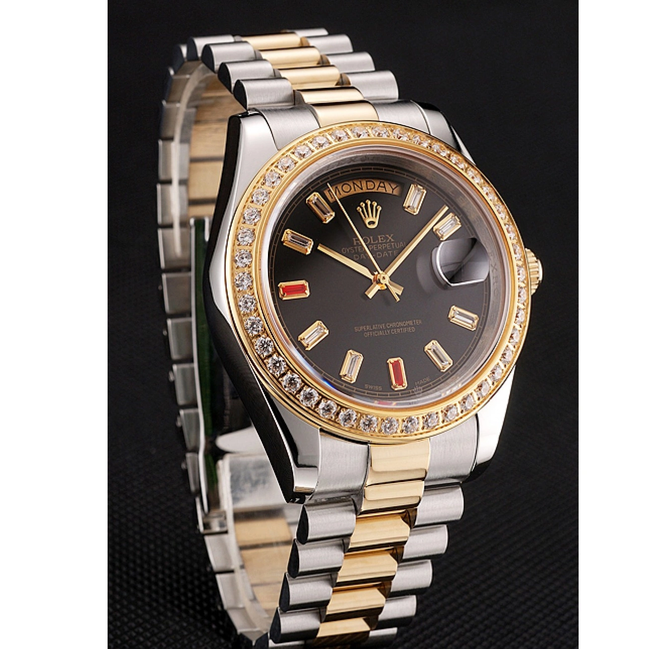 Aaa replica watch Swiss Two Rolex Rubies Bracelet Day-Date 1454105 And Dial Diamonds Black Tone 0709